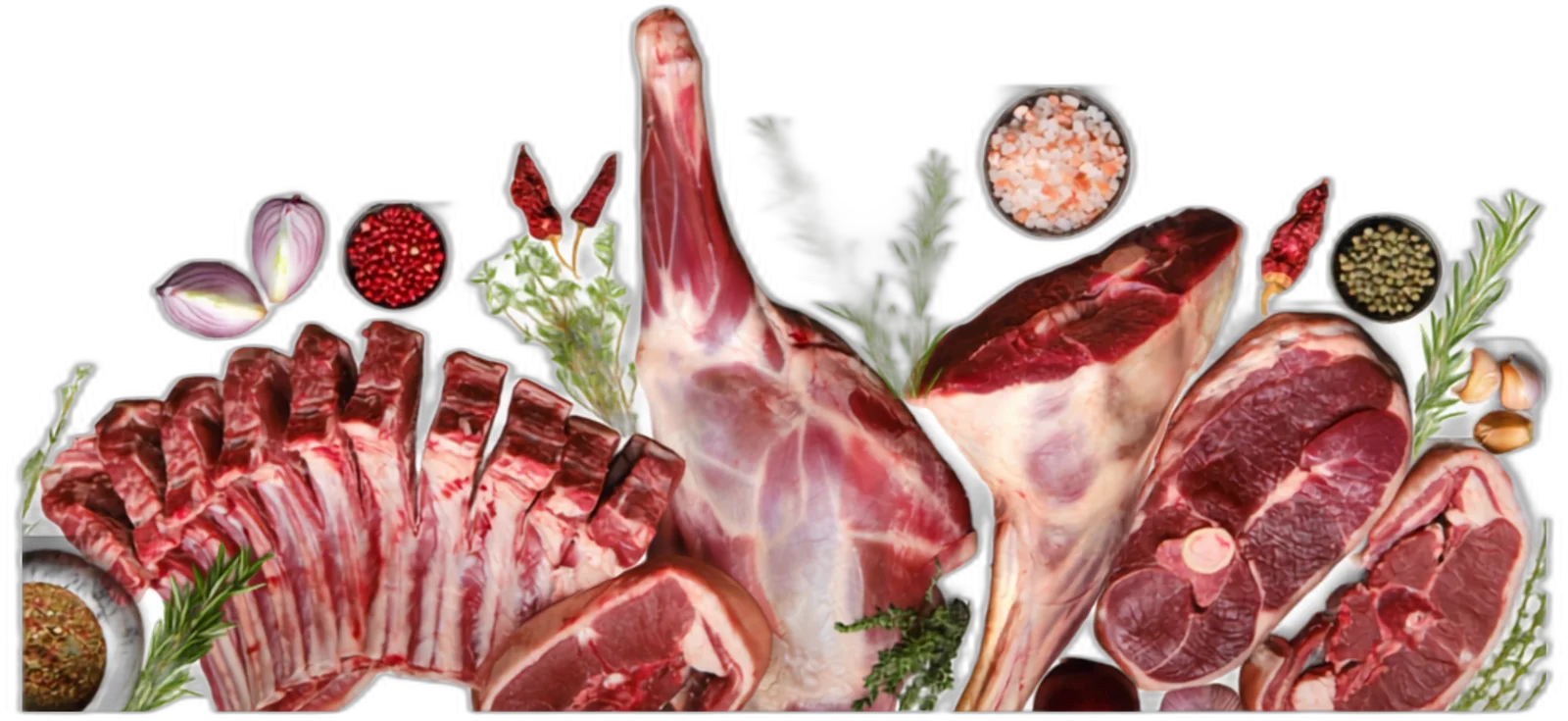 Fresh beef and mutton cuts with herbs and spices